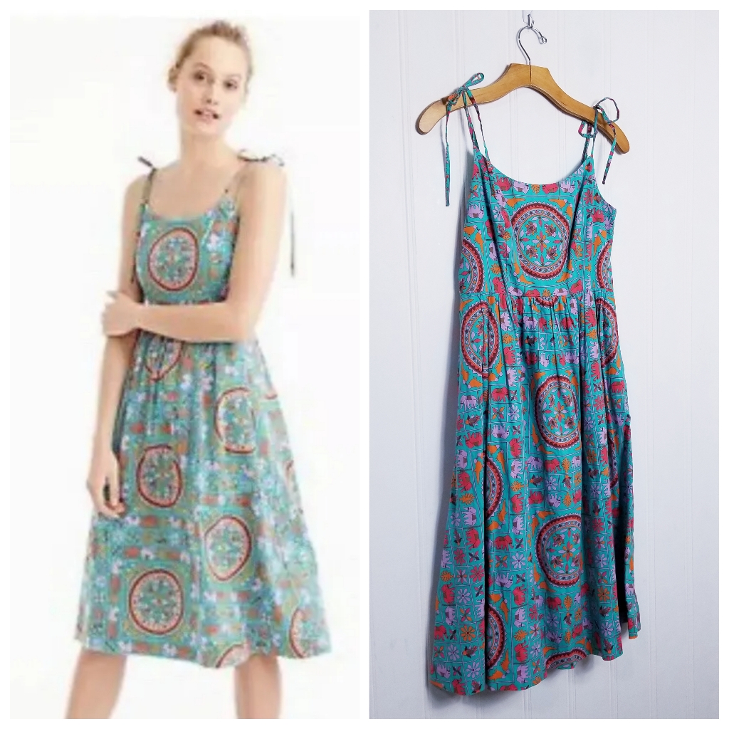 Drake's For J.Crew Dress Sz 2 Tiled Elephant Tie Shoulder Midi Paisley Print